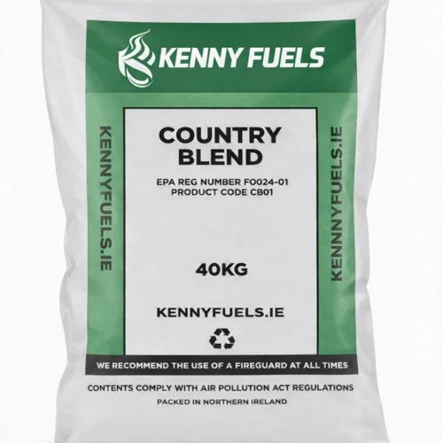 Kenny Fuels Country Blend 40 kilogram coal bag displayed against a plain background. The packaging features green and white branding with product details and safety information clearly printed on the front.