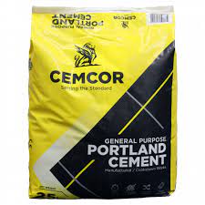 The image shows a yellow bag labeled 'General Purpose Portland Cement' by Cemcor, wrapped in plastic for stability and protection.