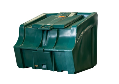 The image displays a large green plastic container, possibly a waste or recycling bin. Its sturdy design suggests it could be used in outdoor, industrial, or commercial settings. The top features a lid, and the front appears to have a section for easy access or disposal of materials.