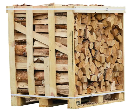 The image displays a large wooden crate filled with neatly stacked, chopped firewood. The crate is made from wooden planks and reinforced with metal bands for stability.