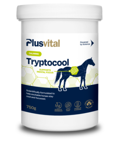 White container labeled 'Plusvital Tryptocool,' featuring a blue and gold design with text about calming support for horses.