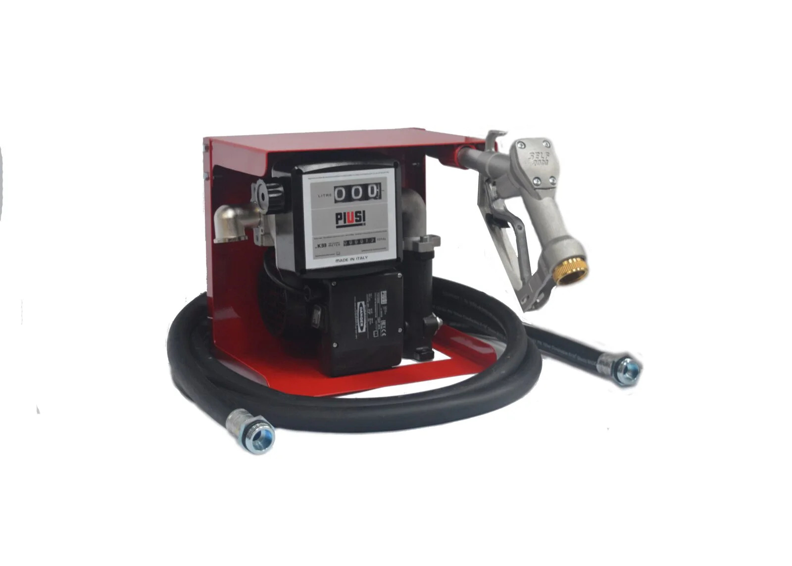 Fuel transfer pump system mounted on a red frame with mechanical meter, nozzle, and hoses. The PIUSI K33-010 meter displays