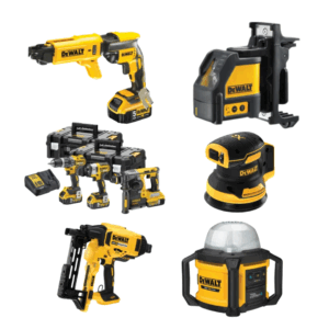 A collection of six DeWalt power tools—including a reciprocating saw, laser level, drills, sander, nail gun, and work light—is arranged with batteries, charger, and a carrying case. The yellow and black branding highlights a comprehensive kit for construction or DIY use.