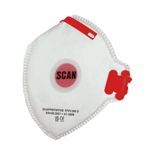 A white SCAN-brand FFP3 NR D face mask features a central red valve marked “SCAN,” red adjustable straps, and certification text printed across the surface. The design emphasizes industrial-grade respiratory protection, highlighting compliance with EN149:2001 + A1:2009 and UKCA safety standards.