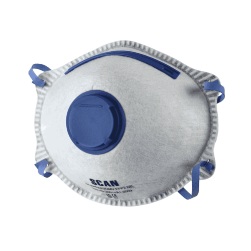 A white SCAN-brand FFP2 NR respirator mask features a central blue exhalation valve marked “SCAN” and blue elastic straps extending from the sides. Certification details are printed on the mask’s surface, emphasizing its compliance with EN149:2001 standards for dependable respiratory protection.
