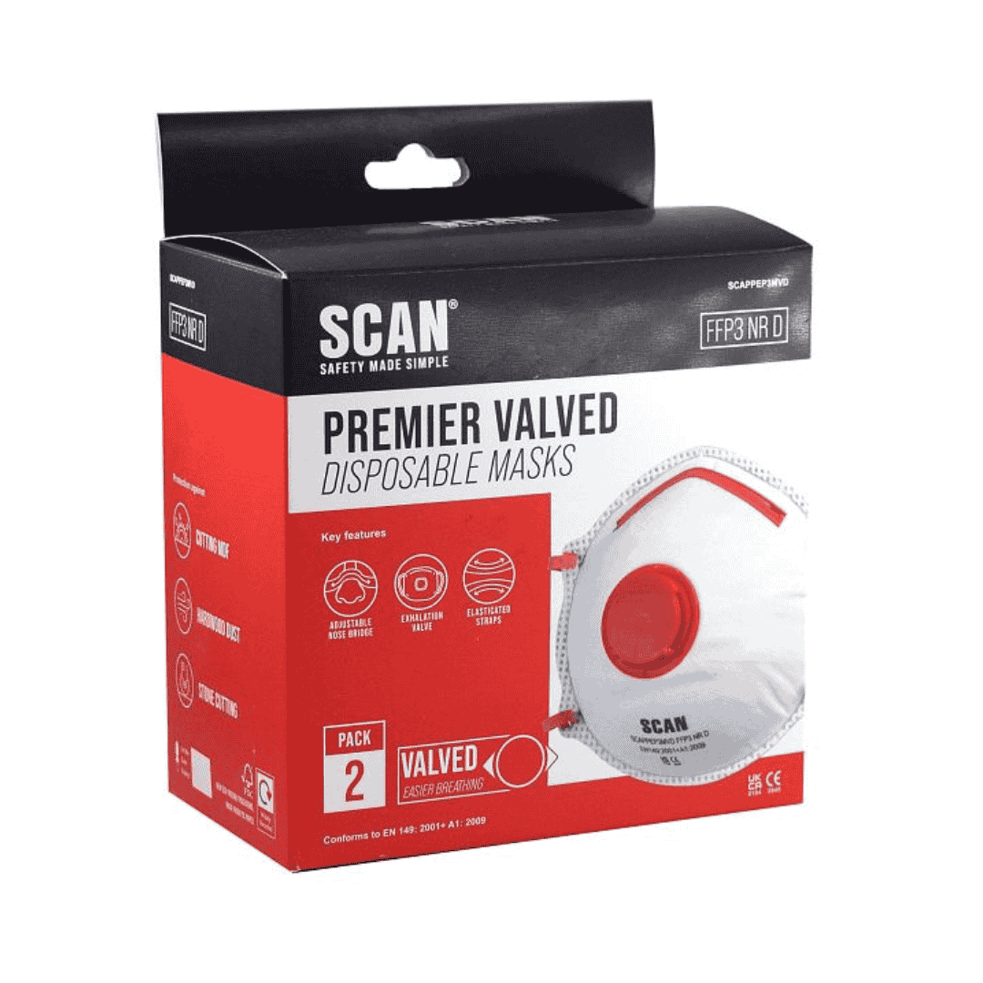 A red-and-black SCAN “Premier Valved Disposable Masks” box contains two FFP3 NR D masks featuring prominent red valves and four elasticated straps each. Key features such as an exhalation valve, molded nose bridge, and EN 149:2001 + A1:2009 compliance are clearly highlighted, underscoring the masks’ high-level respiratory protection.