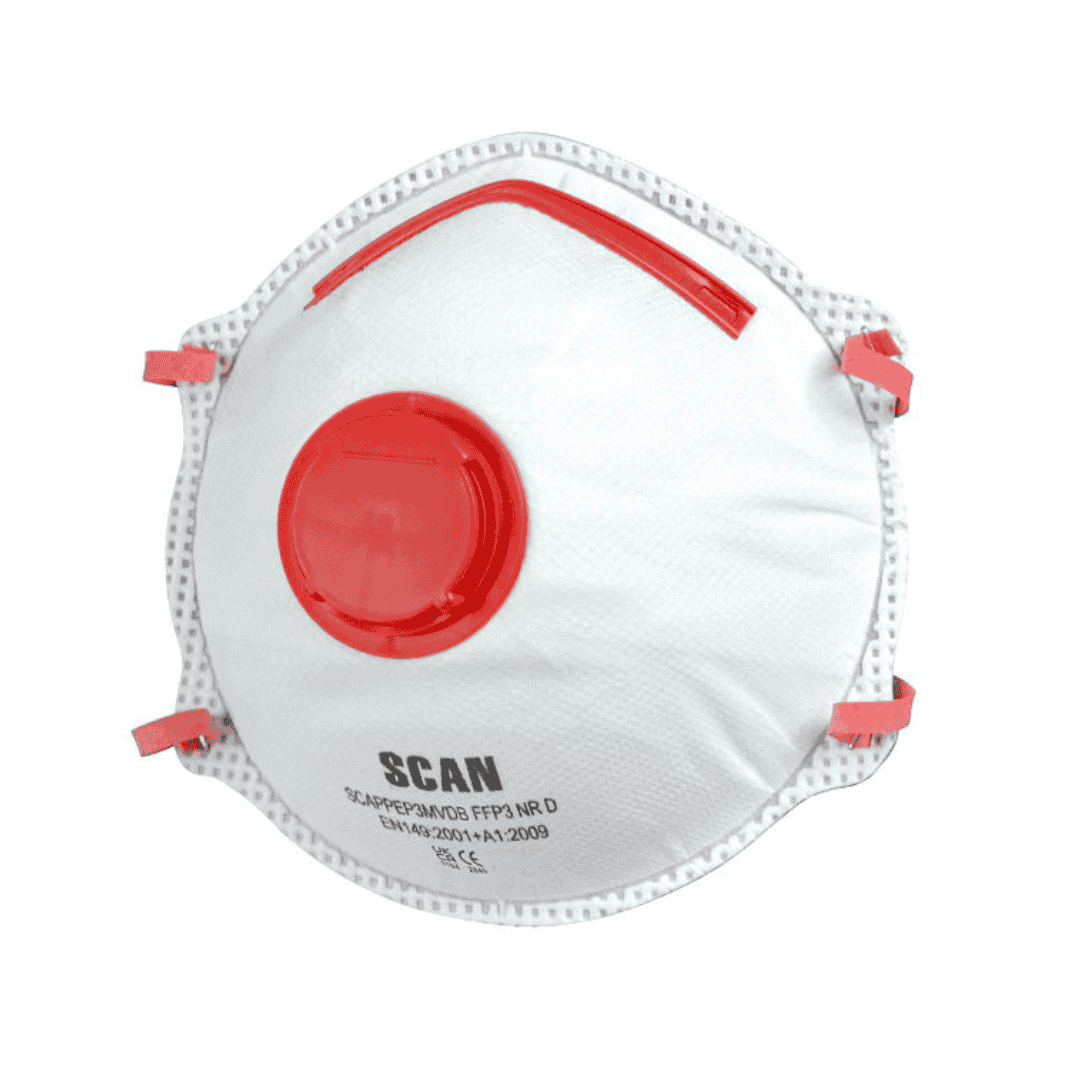 A white SCAN-branded FFP3 NR D respirator mask features a bold red exhalation valve labeled “SCAN,” with red elastic straps and certification markings printed directly on the front. The mask lies against a neutral background, emphasizing its industrial-grade protection and compliance with EN149:2001+A1:2009 standards.
