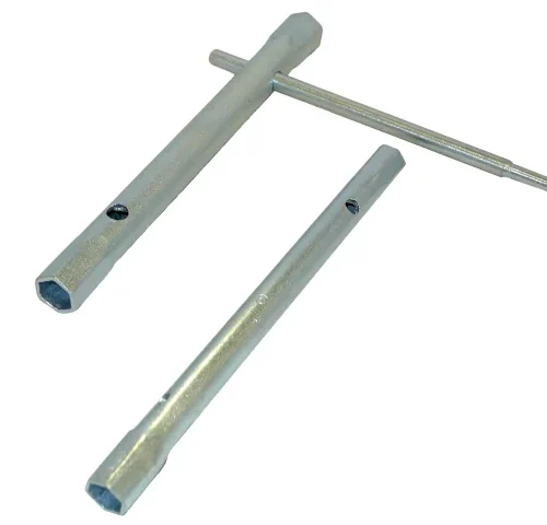 T-handle socket wrenches with hexagonal ends designed for tightening or loosening bolts. The metal body includes perpendicular handles for increased torque and control. Each tool features different socket sizes for mechanical or automotive tasks