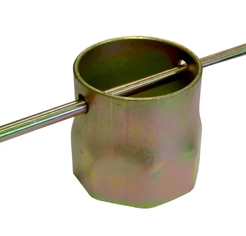 T-handle socket wrench made of metal with a cylindrical body and a hexagonal base. A metal rod passes through the top holes to form the T-handle, allowing increased torque when tightening or loosening bolts or fasteners in mechanical or automotive contexts.