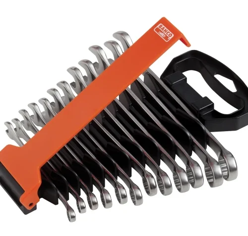 Set of combination wrenches organized in ascending size within a black and orange Bahco-branded plastic holder. Each wrench features an open-end and box-end design, offering a neatly arranged and portable solution for mechanical tasks.