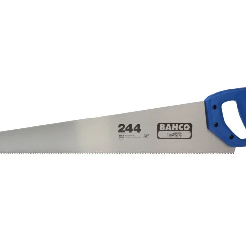 Bahco 244 hand saw with a straight metal blade featuring sharp teeth, a hanging hole near the tip, and printed branding including “244,” “BAHCO,” and a fish logo. The blue ergonomic handle is secured with three black screws, designed for woodworking and construction tasks.