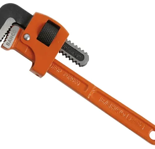 Bahco pipe wrench with a long orange handle and serrated adjustable jaw, labeled “DROP FORGED.” Designed for gripping and turning pipes, it’s a durable tool commonly used in plumbing and mechanical work.