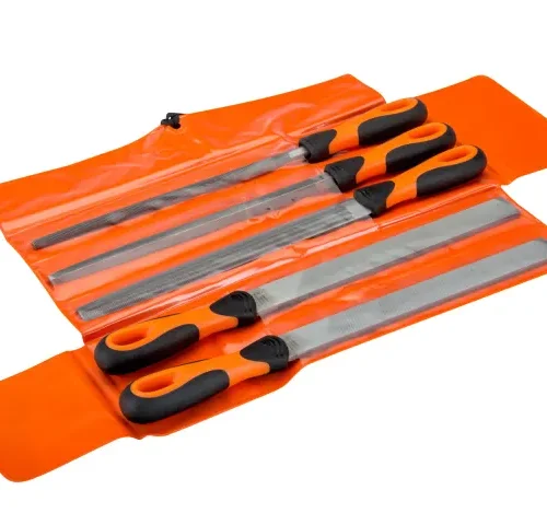 Set of five metal files with black and orange ergonomic handles arranged in an orange tool pouch. Each file varies in shape and size, designed for precision tasks in metalworking or woodworking.