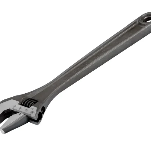 Metallic adjustable wrench with a long handle and a movable jaw controlled by a worm gear mechanism. The tool is designed for gripping various fastener sizes, commonly used in mechanical and plumbing tasks.
