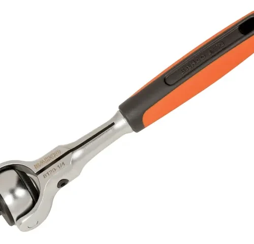Ratchet wrench labeled “B120 1/4” and “KAMASA,” featuring a polished metal body and black-and-orange ergonomic grip. The rotating head supports socket attachment, ideal for mechanical tasks requiring directional torque.