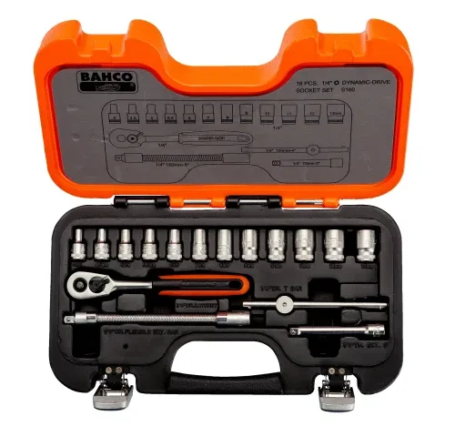 Bahco socket set labeled “16 PCS. 1/4" DYNAMIC-DRIVE SOCKET SET S910” housed in a hard case with orange lid and black base. The interior includes sockets, ratchet handle, extension bars, and accessories arranged with labeled diagram for organized mechanical or DIY use.