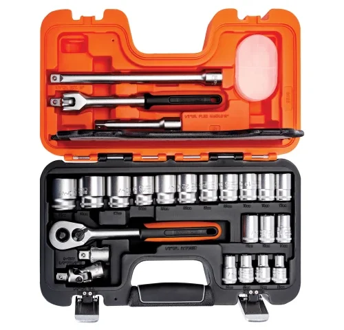 Socket wrench set in a hard plastic case with orange lid and black base, featuring extension bars, a universal joint, and a T-handle driver in the top section. The bottom section includes a ratchet wrench, assorted sockets, and accessories, all secured in molded slots for organized mechanical or DIY use.