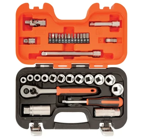 Compact tool kit in a hard case with orange lid and black base, containing screwdriver bits, socket extensions, a ratchet wrench, and various sockets. The tools are arranged in molded compartments for secure storage and easy access, ideal for household or mechanical tasks.