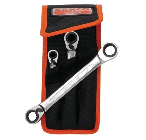 Set of ratcheting combination wrenches displayed in a black and orange Bahco-branded fabric pouch, with one wrench placed across the front. Each wrench features a ratcheting box end for efficient fastening, and the pouch provides organized, portable storage.