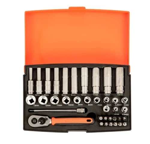 Socket wrench set arranged in an orange plastic case, featuring a ratchet wrench with orange handle, extension bar, multiple screwdriver bits, and sockets labeled from 4mm to 13mm. The symmetrical layout provides organized access to tools for mechanical or DIY tasks.