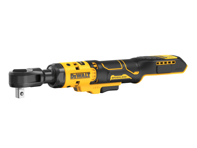 DEWALT brushless cordless ratchet tool in black and yellow with compact design. Features include a ratcheting head, ergonomic grip with trigger, and “BRUSHLESS” label indicating high-efficiency motor. Suitable for tightening or loosening fasteners in tight spaces.