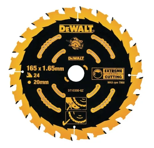 Close-up of a DEWALT circular saw blade featuring a black and yellow design with “EXTREME CUTTING” branding. The blade has 24 teeth, a 165 mm diameter, 1.65 mm thickness, and a 20 mm bore size, with a maximum speed of 7000 RPM and model number DT10300-QZ.