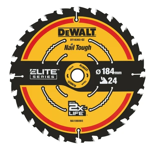 Close-up of a DEWALT circular saw blade from the ELITE SERIES labeled “Nail Tough,” designed for cutting through nail-embedded materials. The blade features 24 teeth, a 184 mm diameter, and bold branding that claims “UP TO 2X THE LIFE,” with model number DT10302-QZ.