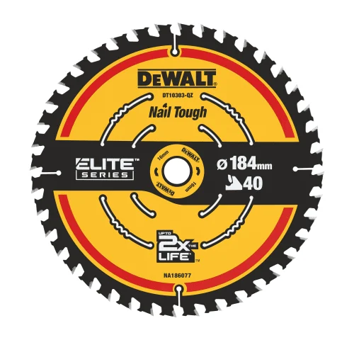 Close-up of a DEWALT circular saw blade from the ELITE SERIES labeled “Nail Tough,” designed for cutting nail-embedded materials. The blade features 40 teeth, a 184 mm diameter, and bold branding that claims “UP TO 2X LIFE*,” with model number DT10303-QZ.