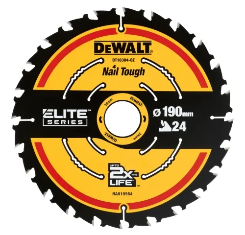 Close-up of a DEWALT circular saw blade from the ELITE SERIES labeled “Nail Tough,” designed for cutting through nail-embedded materials. The blade features 24 teeth, a 190 mm diameter, and a 30 mm arbor hole, with branding that claims “UP TO 2X LIFE™.”