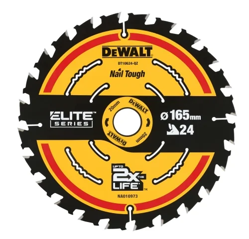 Close-up of a DEWALT circular saw blade from the ELITE SERIES labeled “Nail Tough,” designed for cutting through nail-embedded materials. The blade features 24 teeth, a 165 mm diameter, and a 20 mm arbor hole, with branding that claims “UP TO 2X THE LIFE.”