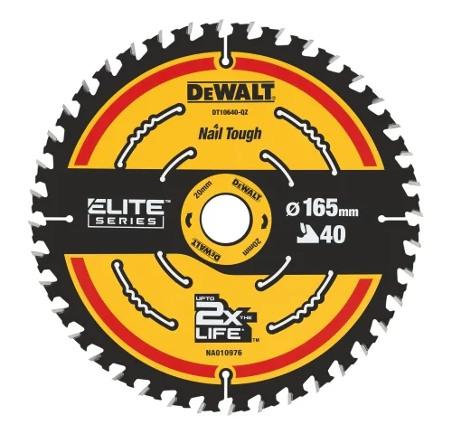 Close-up of a DEWALT circular saw blade labeled “ELITE SERIES” and “Nail Tough,” designed for cutting through nail-embedded materials. The blade features 40 teeth, a 165 mm diameter, and a 20 mm arbor hole, with branding that claims “UP TO 2X THE LIFE.”