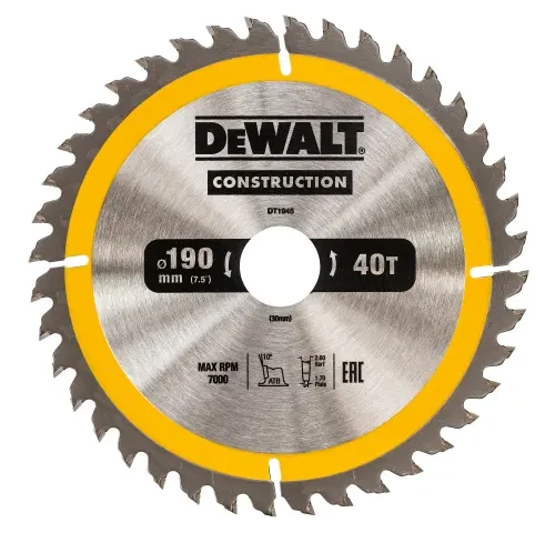Close-up of a DEWALT circular saw blade labeled “CONSTRUCTION,” featuring a yellow center ring and sharp, evenly spaced teeth. The blade is marked with model number DT1946, 190 mm diameter, 40 teeth, and a maximum speed of 7000 RPM.