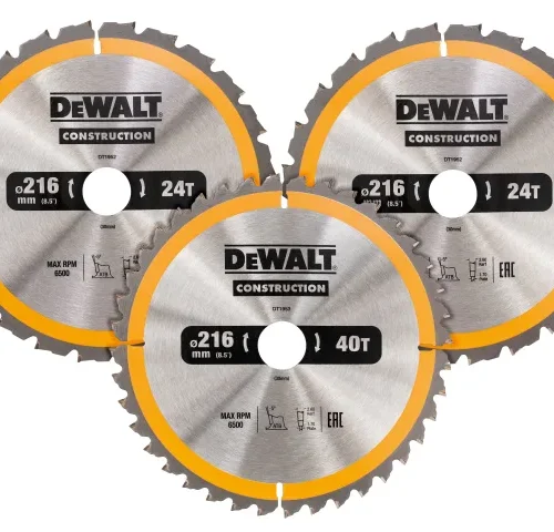 Three DeWALT circular saw blades arranged in a triangular formation, with one blade in front and two behind. The front blade features 40 teeth, while the two in back have 24 teeth each; all are labeled “CONSTRUCTION” and display specifications including 216 mm diameter and 6500 RPM.