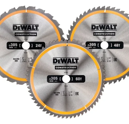 Three DeWALT circular saw blades arranged in a triangle, each labeled “CONSTRUCTION” with 305 mm diameter and varying tooth counts: 24T, 48T, and 60T. All blades are rated for 4000 RPM, indicating different cutting smoothness for construction tasks.