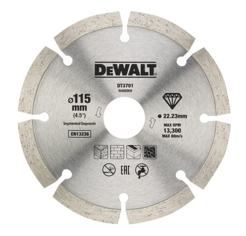 DeWALT segmented diamond cutting disc, model DT3701, designed for masonry tasks like cutting concrete or brick. Features include a 115 mm diameter, 22.23 mm bore, directional arrows, and safety markings for high-speed operation up to 13,300 RPM.
