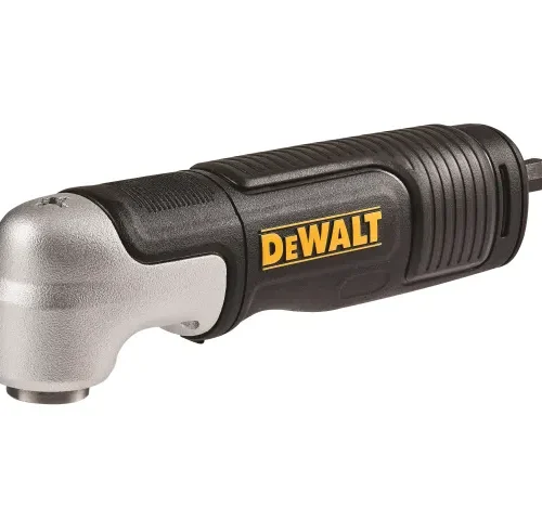 DeWalt right angle drill attachment with a hex shank and textured casing, designed for tight-space drilling. The tool features a right-angle head and prominent branding, enhancing drill versatility for construction or DIY use.