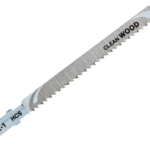 Metal jigsaw blade labeled “CLEAN WOOD” with sharp, evenly spaced teeth and a T-shank design. Markings include “132-1 HCS,” indicating high carbon steel construction for clean wood cuts.