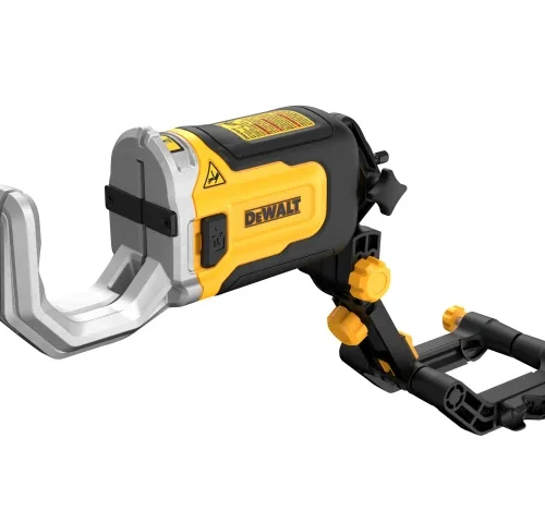 Close-up of a DEWALT pipe crimping tool with a yellow and black ergonomic design, featuring a U-shaped crimping head and adjustment knobs. The tool includes a rear battery compartment and mounting bracket, designed for precision plumbing or mechanical applications.