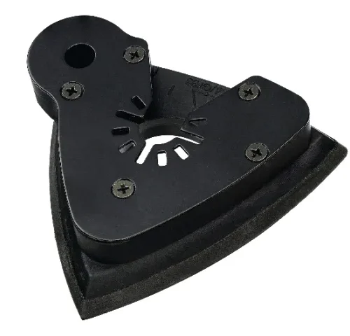 Black triangular sanding pad attachment with hook-and-loop surface and central mounting hole. Features multiple alignment slots and four visible screws securing the top plate. Designed for precision sanding in corners or detailed woodworking using oscillating multi-tools.