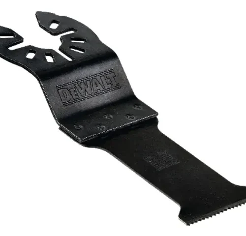 DEWALT oscillating multi-tool blade with flat rectangular edge and fine teeth, labeled for cutting or scraping tasks. Features universal fitment with multiple slots and embossed branding, suitable for precision work on wood, metal, or drywall.