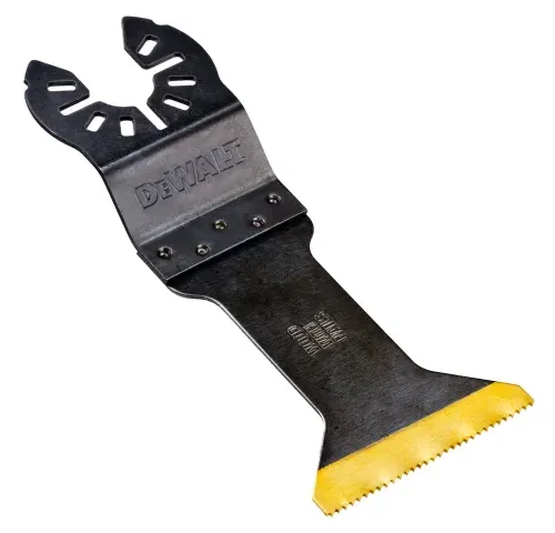 DEWALT oscillating tool blade with flat, serrated cutting edge and yellow-coated tip for enhanced durability. Features universal fitment and embossed branding, designed for precise cuts in wood, drywall, or similar materials during renovation or DIY work.