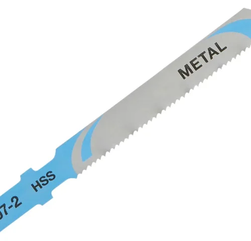 DEWALT jigsaw blade labeled “107-2 HSS” and “METAL,” featuring fine teeth and blue-silver coloring. Made of high-speed steel for smooth, heat-resistant cuts through metal, with a T-shank design for jigsaw compatibility.