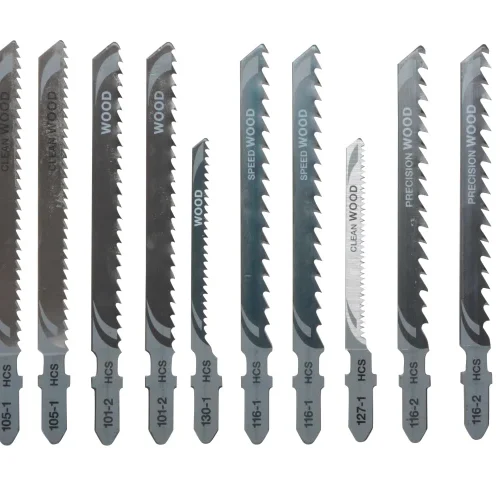 Set of ten jigsaw blades arranged vertically, each labeled with cutting type and model number. Includes blades for clean, speed, and precision wood cuts, all marked “HCS.” Tooth designs vary to suit different woodcutting applications.
