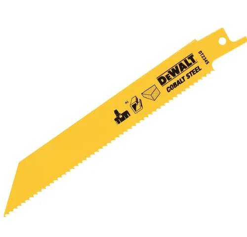 Yellow DEWALT reciprocating saw blade labeled “COBALT STEEL” with model number “DT2343.” Tapered design features sharp teeth and icons indicating suitability for cutting metal and other materials. Bright color and branding signal durability for construction or metalworking tasks.