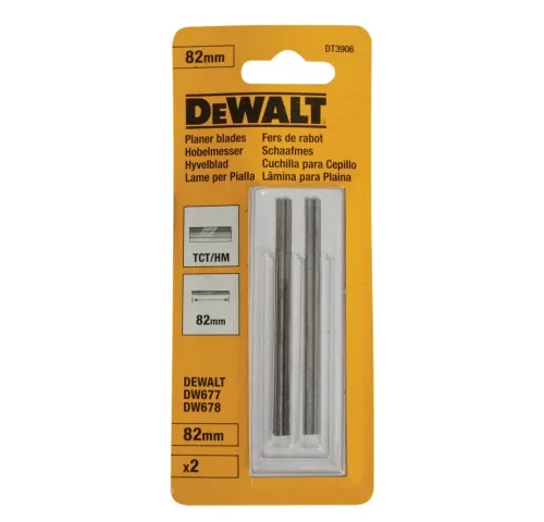 Packaged set of DEWALT planer blades labeled “DT3906,” compatible with models DW677 and DW678. Yellow and black packaging displays multilingual labeling and specifies two 82mm TCT/HM blades for woodworking applications