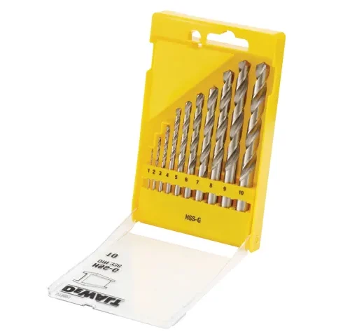 Yellow DEWALT case containing ten high-speed steel (HSS-G) drill bits arranged by size from 1 to 10. Bits feature spiral flutes and are visible through the partially open transparent lid, suitable for drilling metal, wood, or plastic.