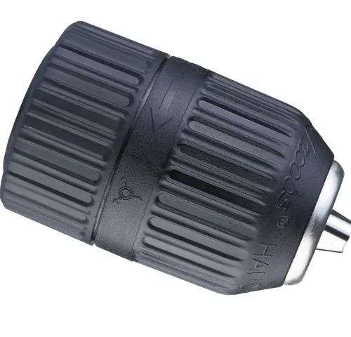 Close-up of a Röhm keyless drill chuck with textured grip surface and directional arrows for tightening and loosening. Cylindrical design allows secure, tool-free bit changes in power drills, commonly used in construction and mechanical tasks.