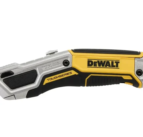 DEWALT TOUGHSERIES utility knife with a retractable blade, featuring a silver, black, and yellow ergonomic handle. Branding includes “DEWALT” and “TOUGHSERIES” printed on the side.