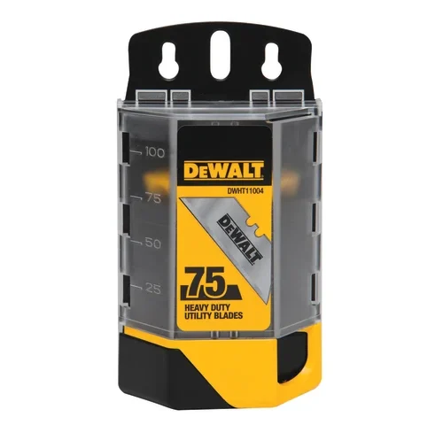 A DEWALT heavy duty utility blade dispenser containing 75 replacement blades in a clear plastic case. The container is designed for safe storage and easy access for construction and workshop use.