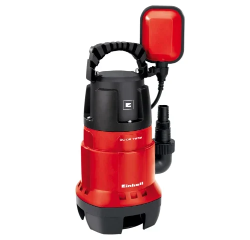 Einhell GC-DP 7835 submersible water pump shown with a sturdy plastic housing, top handle, and float switch for automatic operation. The pump includes a hose outlet and visible branding, designed for draining water in residential or commercial settings.